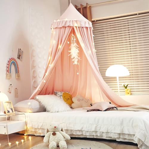 Kertnic Decor Princess Canopy for Girls Bed, Soft Smooth Playing Tent Canopy Room Decoration Castle, Dreamy Mosquito Net Bedding, Reading Nook Canopies in Home (Pink-Ruffle)
