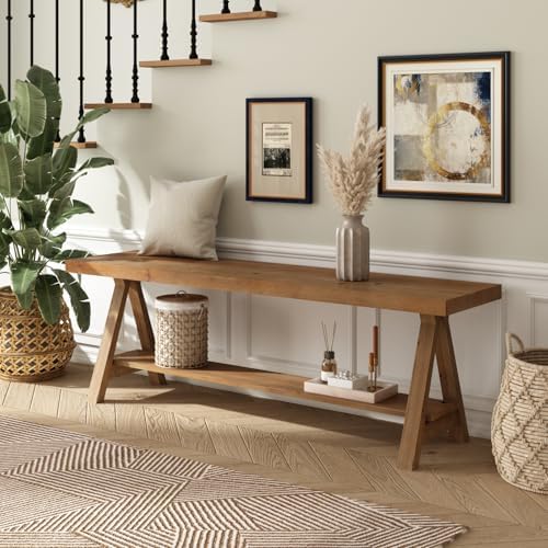 RowyPoey 54" Solid Wood Bench, Long Entryway Bench with Shoe Storage