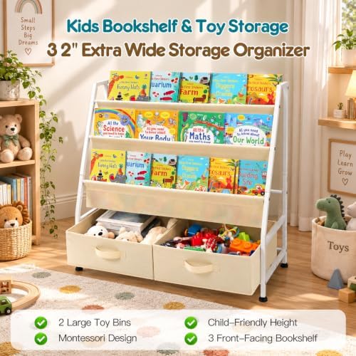 32" Kids Bookshelf and Toy Storage Organizer, Montessori Toddler Bookshelf