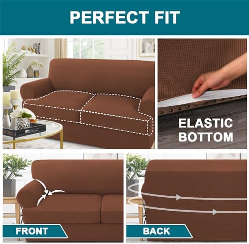 Turquoize 3 Piece T Cushion Sofa Slipcovers Stretch Couch Cover Furniture Covers with 2 Individual T Cushion Covers, Machine Washable (2 Cushion Sofa, Caramel)