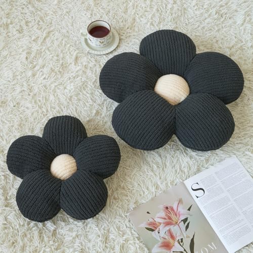 Flower Pillow, Decorative Throw Pillow for Couch, Cute Decor Pillows for Bed, Aesthetic Flower Shaped Pillow Fun Cushion (Black, 19.6 Inches)