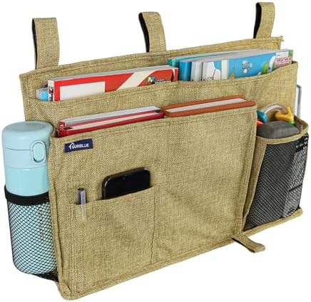 Surblue Bedside Caddy Hanging Bed Organizer Storage Bag Pocket for Bunk and Hospital Beds, College Dorm Rooms Baby Bed Rails, Camp 8 Pockets, (Large, Linen)