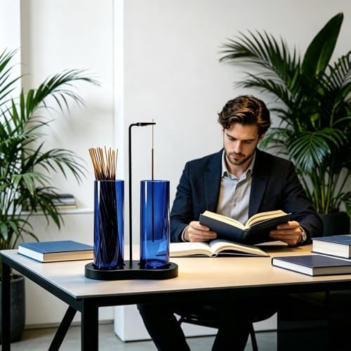 Blue Glass Incense Holder, Incense Burner Holder with Ash Catcher & Storage,Hang Upside Down Incense Holder for Sticks (Blue)