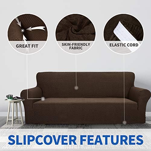 ZNSAYOTX 1 Piece Jacquard Couch Covers for 3 Cushion Couch Living Room High Stretch Sofa Cover Pets Dogs Friendly Anti Slip Thickened Slipcovers Furniture Protector (Sofa, Dark Coffee)