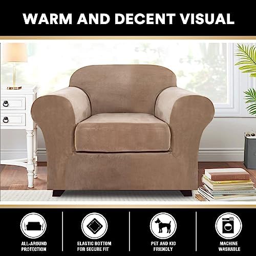 PrinceDeco Velvet Plush Couch Cover Stretch 2 Piece Chair Cover Chair Slipcover Washable Furniture Protector Couch Soft with Elastic Bottom Armchair Cover Width Up to 49 Inch(Small, Camel)