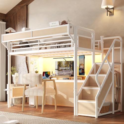 Bellemave Twin Metal Loft Bed with Stairs and Desk for Kids,Adults,White
