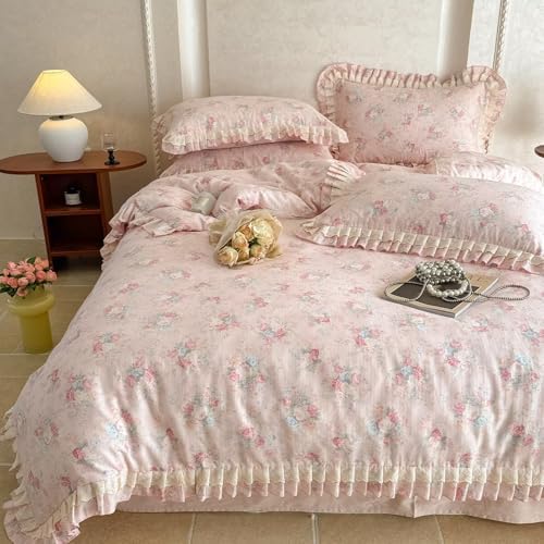 BuLuTu French Garden Pink Floral Duvet Cover Set King Size, Princess Style Lace Ruffled Bedding Set - 1 Comforter Cover King with 2 Pillow Cases, 100% Muslin Cotton Bedding, Soft Breathable
