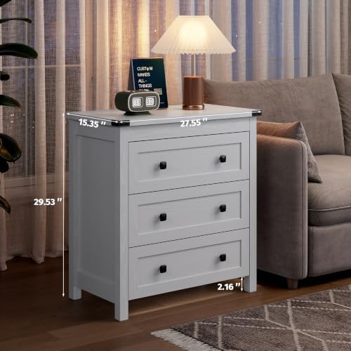 Farmhouse Nightstand with 3 Drawers, Wood Bedside Table, White