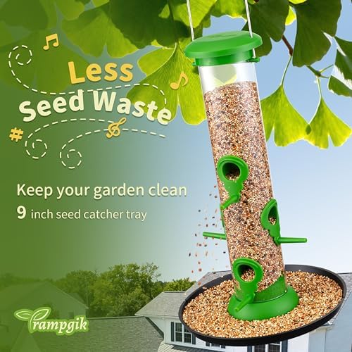 Tube Bird Feeders for Outdoors, 13" 6-Port Seed Catcher, Lawn Green, 2 PK