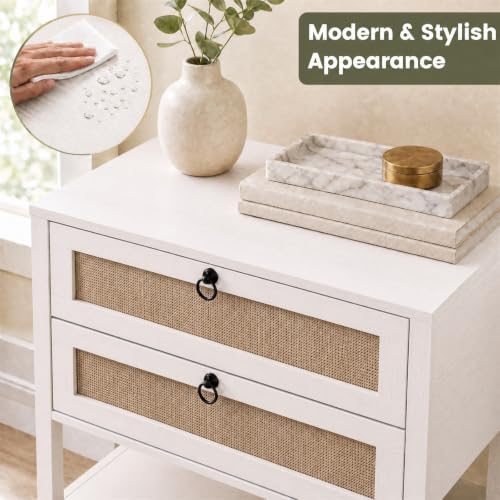 GIANTEX Rattan Nightstand with 2 Drawers, 27" Wide Boho Bedside Table