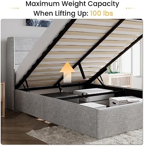 SHA CERLIN Queen Size Lift Up Hydraulic Storage Bed Frame Light Grey