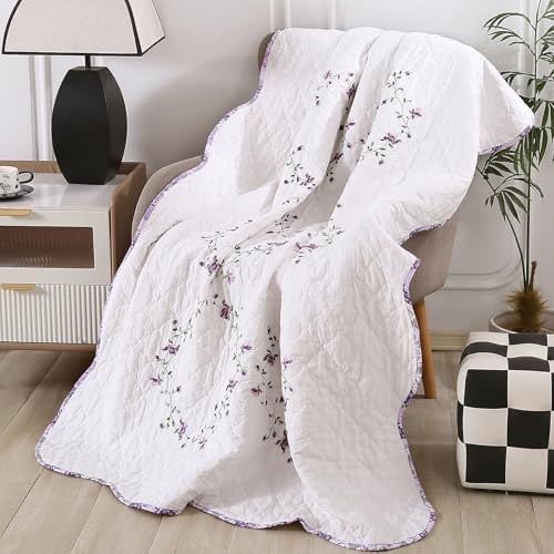 vctops 100% Cotton Quilted Throw Blanket 50x60 Inch Floral Embroidered Reversible Patchwork All Season Throw (Purple,50"x60")