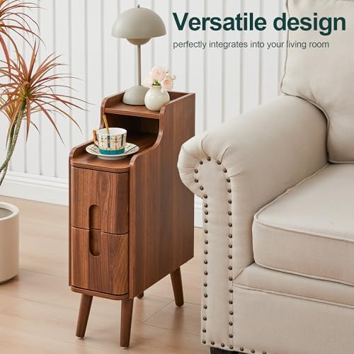 Narrow Nightstand Set of 2, Wood 2 Drawer Small Nightstand, Slim Side Table, Modern Skinny End Bedside Table, Natural Wood Night Stand with Drawers for Bedroom (Walnut-2 pcs)