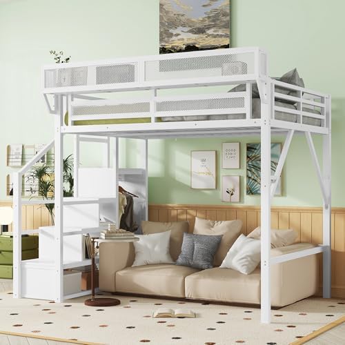 Full Size Metal Loft Bed Frame with Convertible Staircase, Built-in Storage Shelves & Wardrobe, Loft Bed with Solid Slats & Guardrail, No Box Spring Required, Easy Assembly, for Bedroom, White
