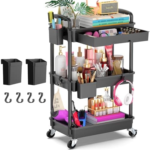 Goovilla 3 Tier Rolling Utility Cart Organizer with Removable Drawer, Black