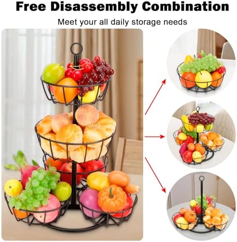 Livabber Fruit Basket Bowl, Metal Fruit Vegetable Storage Basket for Kitchen Counter, Large Capacity Vegetable Holder Rack Detachable Organizer for Bread Snack Produce (Black, 5-Tier Metal Base)