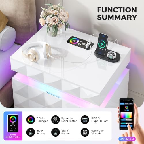 Dystler LED Night Stand Set 2 with Charging Station, Lockable Hidden Drawer
