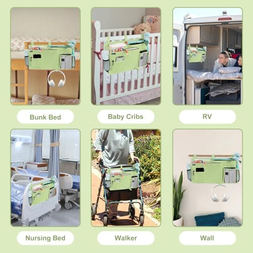 Surblue Bedside Caddy Hanging Bed Organizer Storage Bag Pocket for Bunk and Hospital Beds, College Dorm Rooms Baby Bed Rails, Camp 8 Pockets, (Large, Sage Green)