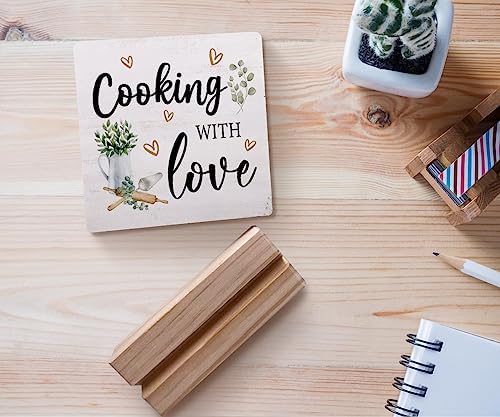 Cooking with Love Wood Plaque with Wooden Stand,Rustic Kitchen Wooden Plaque Sign Desk Decor for Home Kitchen Table Shelf Decoration