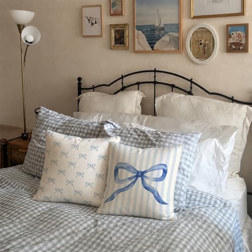 Blue Coquette Bow Pillow Covers 18x18 Set of 2, Preppy Room Decor