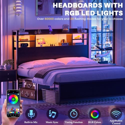 Aheaplus Headboard for Full Size Bed with Storage and Outlets, Black