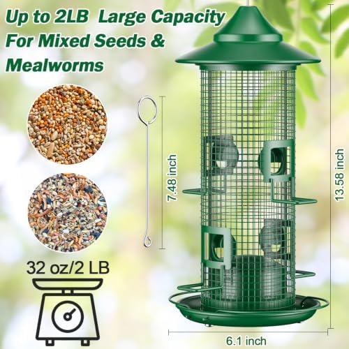 Metal Bird Feeder for Outdoors Hanging, Dark Green