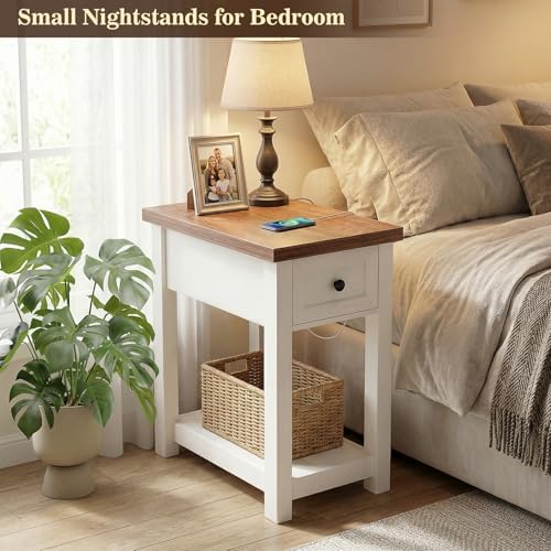 Farmhouse Narrow End Table with Charging Station for Couch, 13.8" Wide