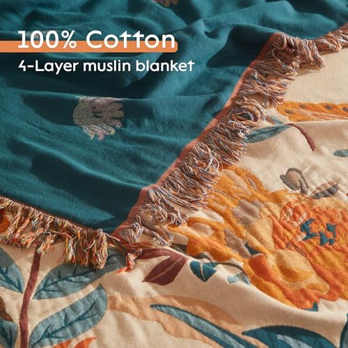 Boho Throw Blanket for Bed 90”x98”, 100% Cotton Blanket for Couch Sofa