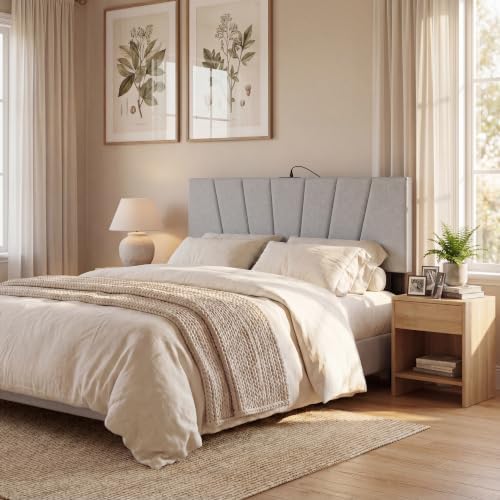 KOMFOTT Upholstered Full & Queen Headboard with Charging Station, Grey