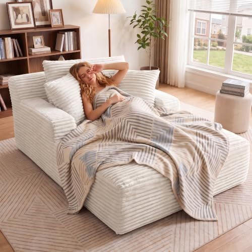 66" Chaise Lounge Chair Indoor, Corduroy Upholstered Reading Chair Oversized Boneless Chair with Deep Seat, Cloud Lounge Chair with 3 Pillows for Living Room, Bedroom, No Assembly Required