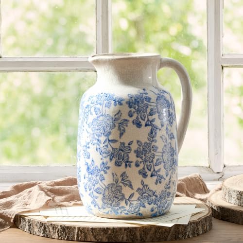 Ceramic Vintage Vase Flower Decorative Vase Chinoiserie Decor Rustic Farmhouse Retro Floral Vases for Table Bookshelf Mantel Kitchen Living Room Office - 9.5" Blue