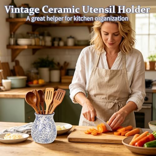 Kitchen Ceramic Utensil Holder 6" Chinoiserie Blue Floral Utensil Crock for Countertop Cooking Tools Storage Organizer for Spatula Spoon Farmhouse Decor Housewarming Gift