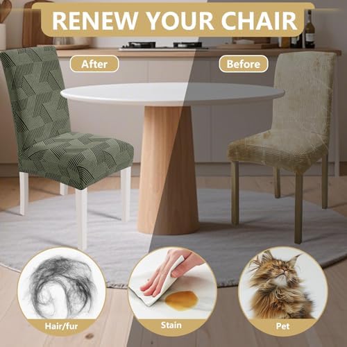 JIVINER Stretch Dining Chair Slipcovers Set of 2, Geometrical Jacquard Dining Chair Covers, Washable Kitchen Chair Covers for Dining Room, Hotel, Party, Army Green