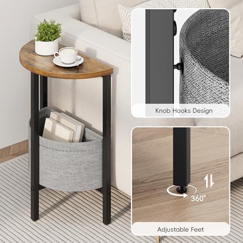 Vagusicc Small Round Side Table, Accent End Table with Storage Basket, Set of 2 Half Round Coffee Table End Table, Half Moon Bedside Table, Modern Nightstand Couch Table for Living Room Bedroom, Brown