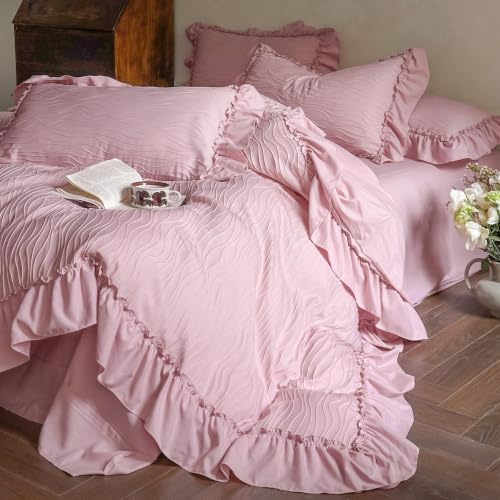 Cottagecore Ruffled TwinXL Duvet Cover Set Pink Wavy Jacquard Shabby Chic Bedding Set 3 Pieces, Microfiber Zipper Comforter Cover and 2 Pillowcases French Vintage Bedding Duvet Cover for All Seasons