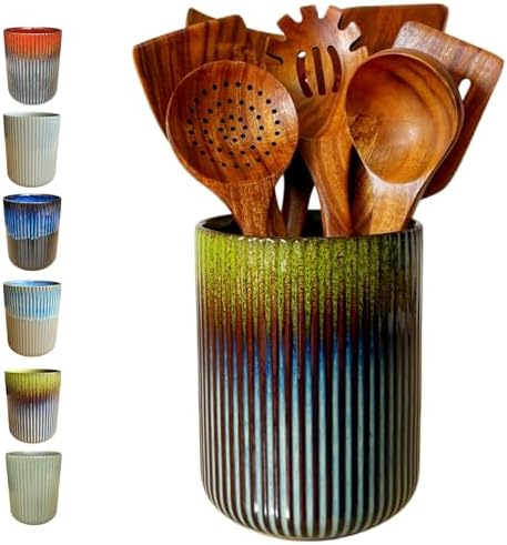 Large Stoneware Kitchen Utensil Holder for Kitchen Counter & Countertop Cooking Utensil Holder Spatula Holder Utensil Crock for Kitchen Counter Vertical Ribbed Fluted Stripe (Gradient Grass Green)