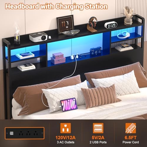 Aheaplus Headboard for Full Size Bed with Storage and Outlets, Black