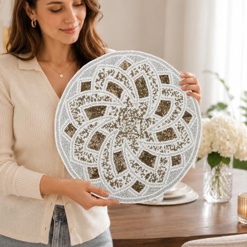Round Glass Beaded Placemat, 13 Inch, Silver Brown