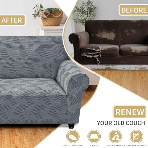 JIVINER 1 Piece Couch Cover for 3 Cushion Couch, Stretch Extra Large Sofa Covers with Elastic Bottom, Washable Oversized Sofa Slipcovers Feature Geometrical Jacquard Fabric (XL Sofa, Light Grey)