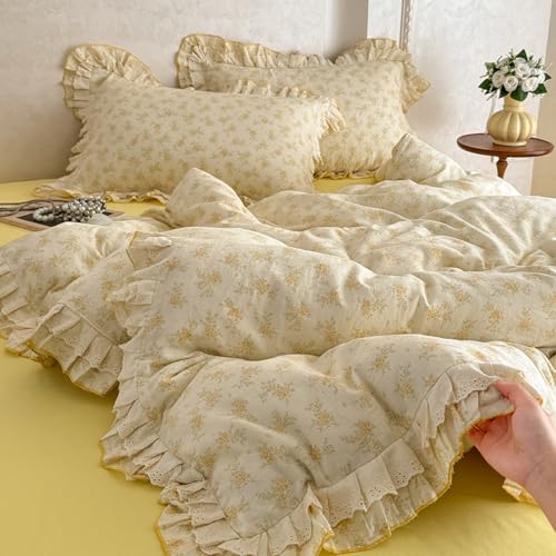 Girls Floral Duvet Cover Set Muslin Cotton Twin(68"x86"),Yellow Flower