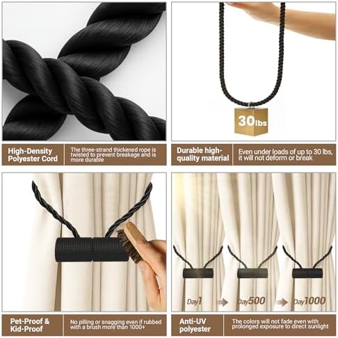 Hion Magnetic Curtain Tiebacks Black 6pcs, Curtain Holdbacks Hooks Holders