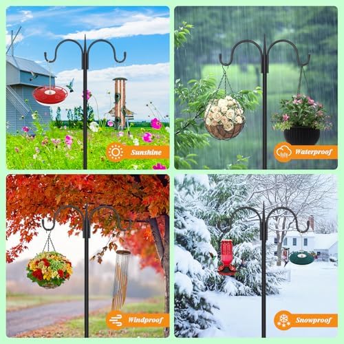 FEED GARDEN Heavy Duty Shepherds Hook 2 Pack 92" Double Hooks Adjustable (44/60/76/92") - Metal 5-Prong Base, 15lb Capacity - Easy Assembly Bird Feeder Pole for Hanging Planters, Lanterns, Wind Chimes
