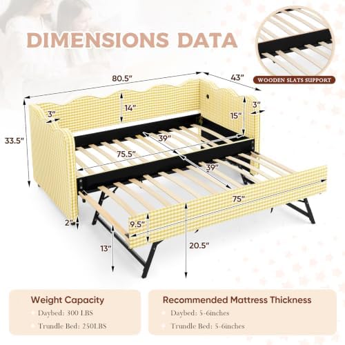 Twin Size Daybed with Pop Up Trundle, Linen Gingham Twin to King Daybed with USB Ports, Upholstered Day Bed Frame, Modern Sofa Bed for Living Room/Bedroom/Guest Room, No Box Spring Needed, Yellow