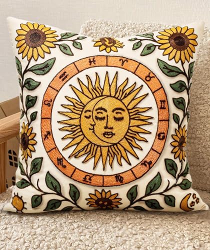 Embroidered Throw Pillow Cover 18x18 Inch, Sunflower Moon