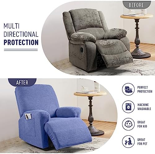 KinCam Recliner Covers, Stretch Reclining Chair Covers, Recliner Sofa Slipcovers Stripe Jacquard Recliner Couch Covers Furniture Protector Covers for Pet Kid (1 Seater, Lake Blue)