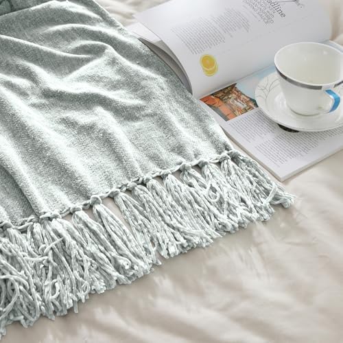 CozeCube Chenille Throw Blanket, Baby Blue Fringe Blanket, 60"X80"