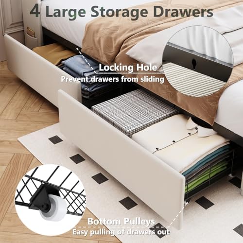 Queen Bed Frame with 4 Drawers and Storage Headboard, Upholstered Platform Bed Frame Queen Size with Led Lights and Handy Charging Station, No Box Spring Needed, Easy Assembly, Noise Free, Beige