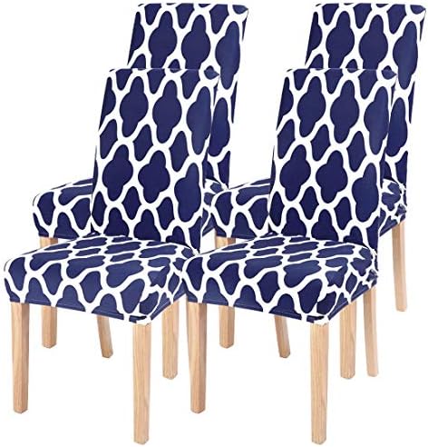 SearchI Dining Room Chair Covers Set of 4, Spandex Stretch Kitchen Chair Slipcovers Removable Washable Moroccan Geometric Parsons Chair Covers Protector for Dining Room, Hotel (Navy Blue)