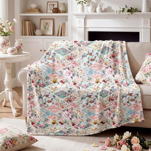 Breling Boho Floral Throw Blanket with Vintage Patchwork 50 x 60 Inch