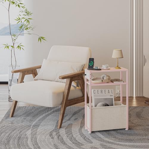 Leomonio Narrow Side Table, Slim Night Stand with Magazine Rack